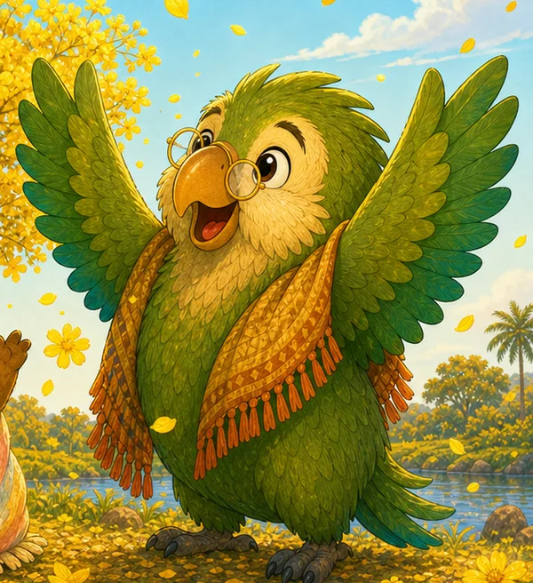 Abuela Lora, the wise green parrot with her golden glasses and shawl