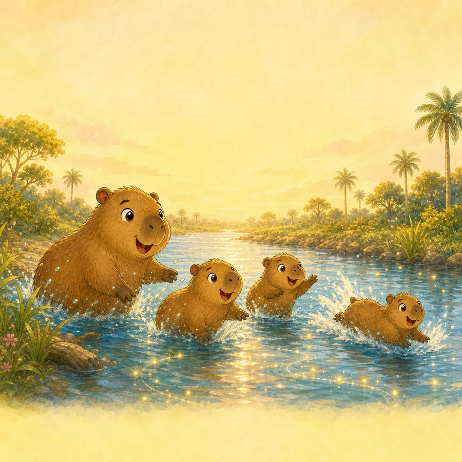 The capybara familia splashing down the sparkling river